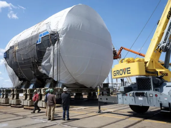 Giant piece of new submarine under construction on tarmac