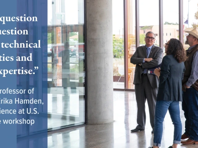 Erika Hamden, U of A associate professor of astrophysics, talks with Arizona state senator David Gowen and U of A senior vice president for research Tomás Díaz de la Rubia at the Applied Research Building. Photo by Leslie Hawthorne Klingler.