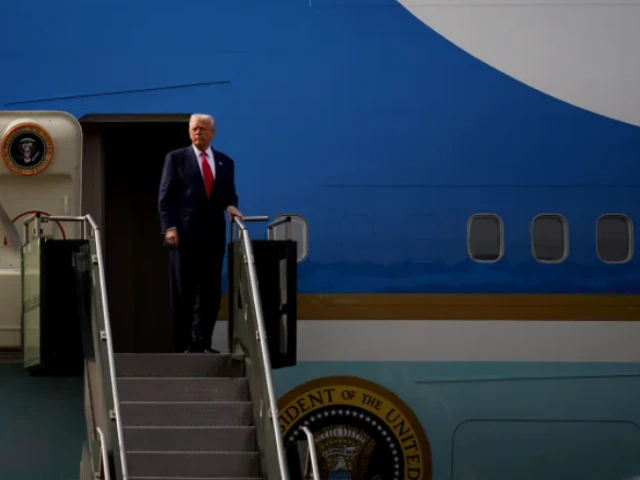 President Donald Trump boards Air Force One following a bilateral meeting with Chinese President Xi Jinping in Gyeongju, South Korea, on October 30, 2025, capping off a week-long tour of Asia.