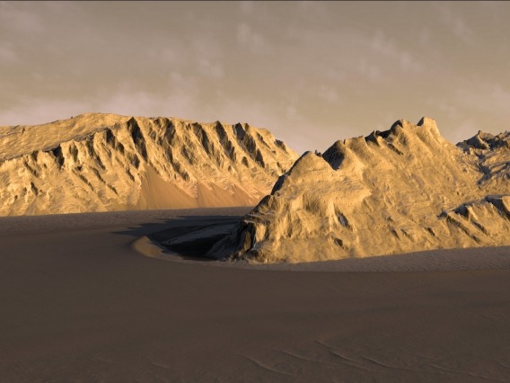 Digital terrain model of Ganges Chasma on Mars shows two mountain ridges forming a steep canyon.