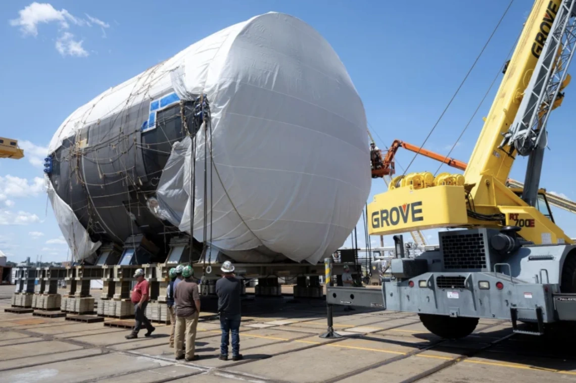 Giant piece of new submarine under construction on tarmac