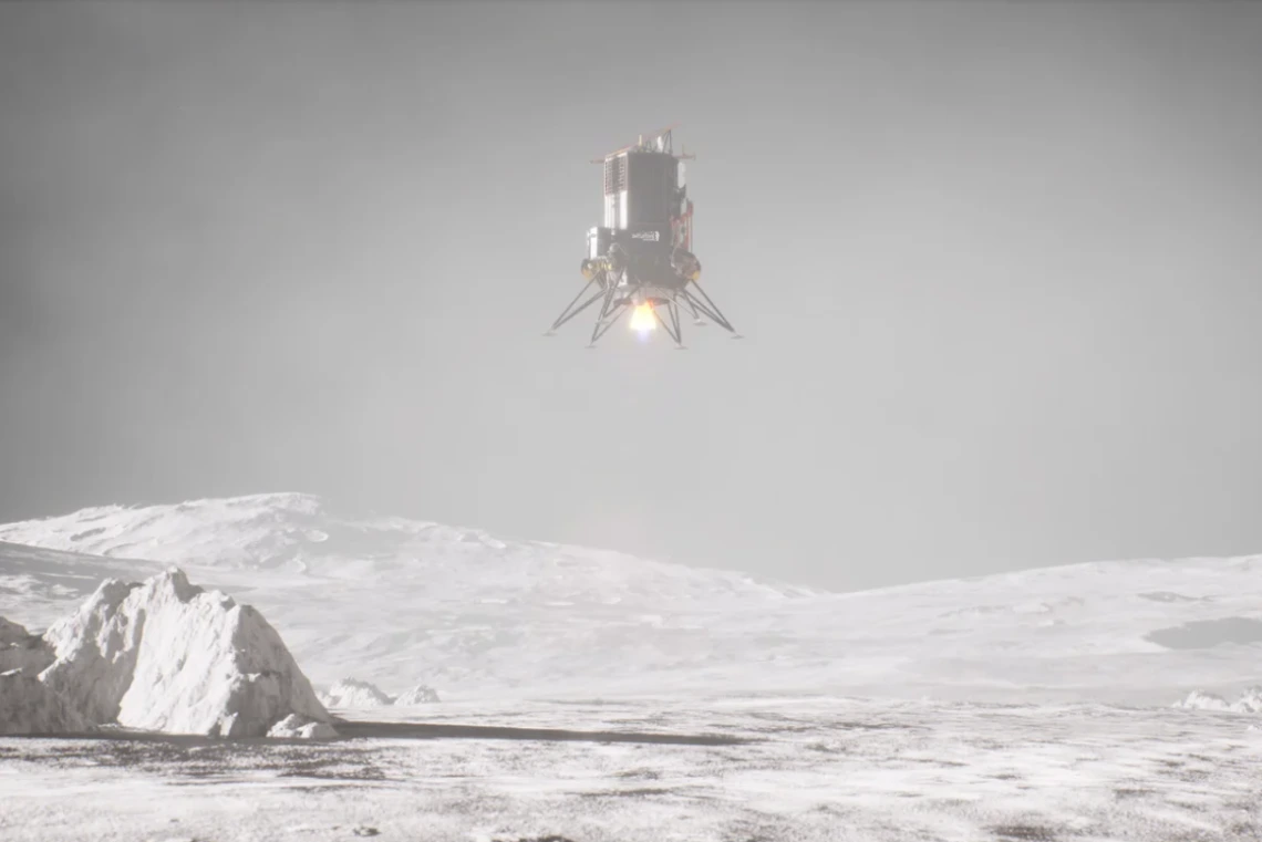 An artist’s rendering of an Intuitive Machines lander making its descent to the lunar surface near the moon’s south pole. Intuitive Machines and Nokia Bell Labs