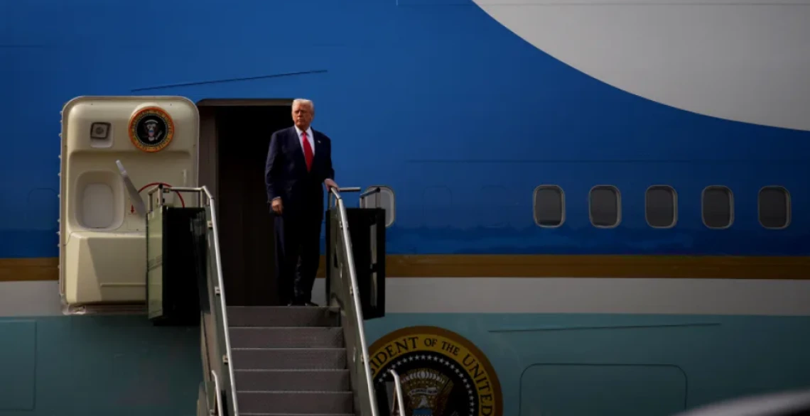 President Donald Trump boards Air Force One following a bilateral meeting with Chinese President Xi Jinping in Gyeongju, South Korea, on October 30, 2025, capping off a week-long tour of Asia.